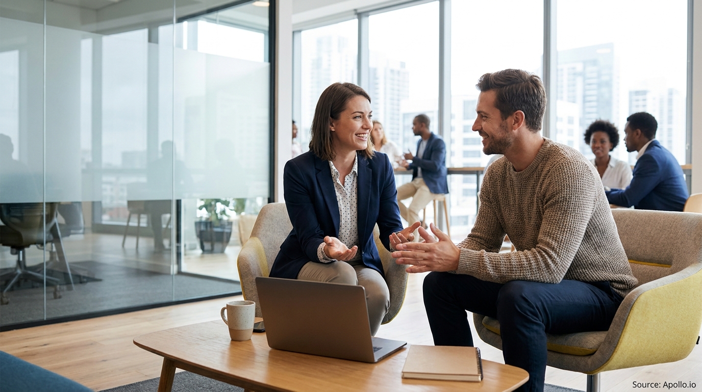 Two smiling colleagues talk in a modern office lounge, with other professionals conversing in the background.