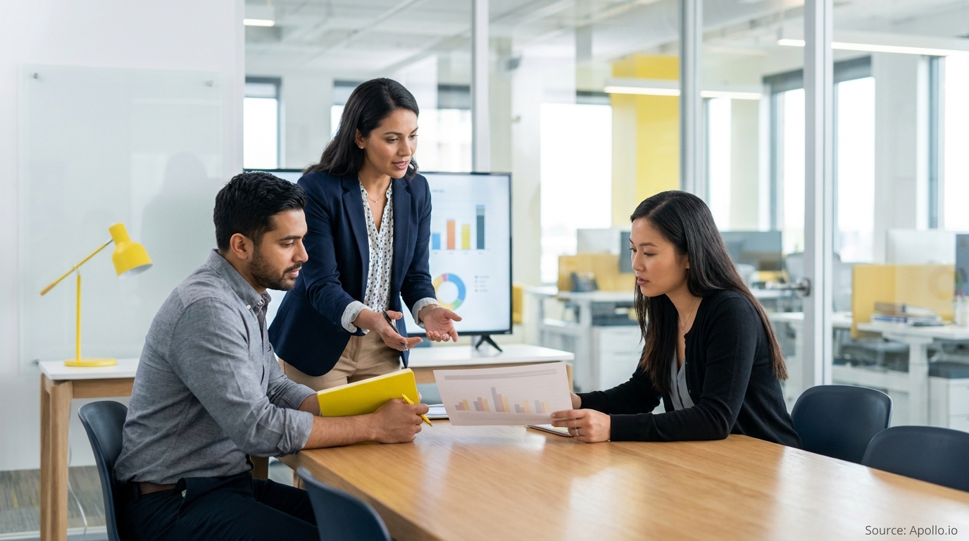 Three business professionals discuss documents and charts at a modern office table.