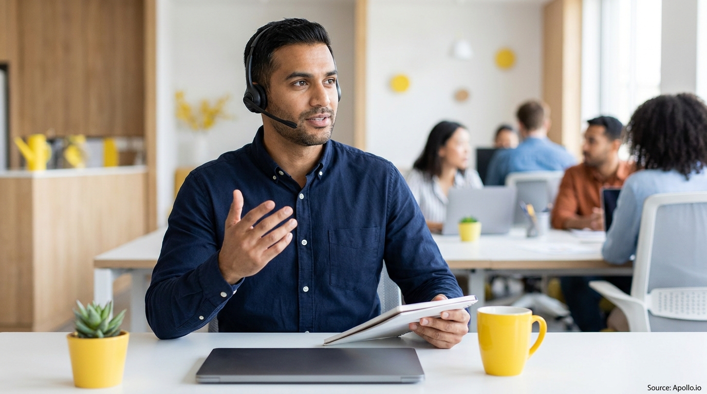 Man wearing headset talks while holding a notebook at his desk in a busy office.