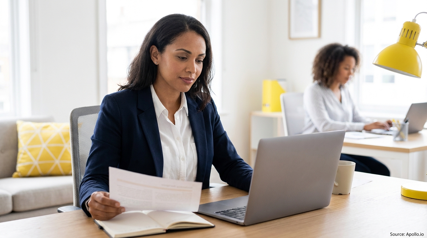 Two women work on laptops in a bright office, one reviewing papers at her desk.