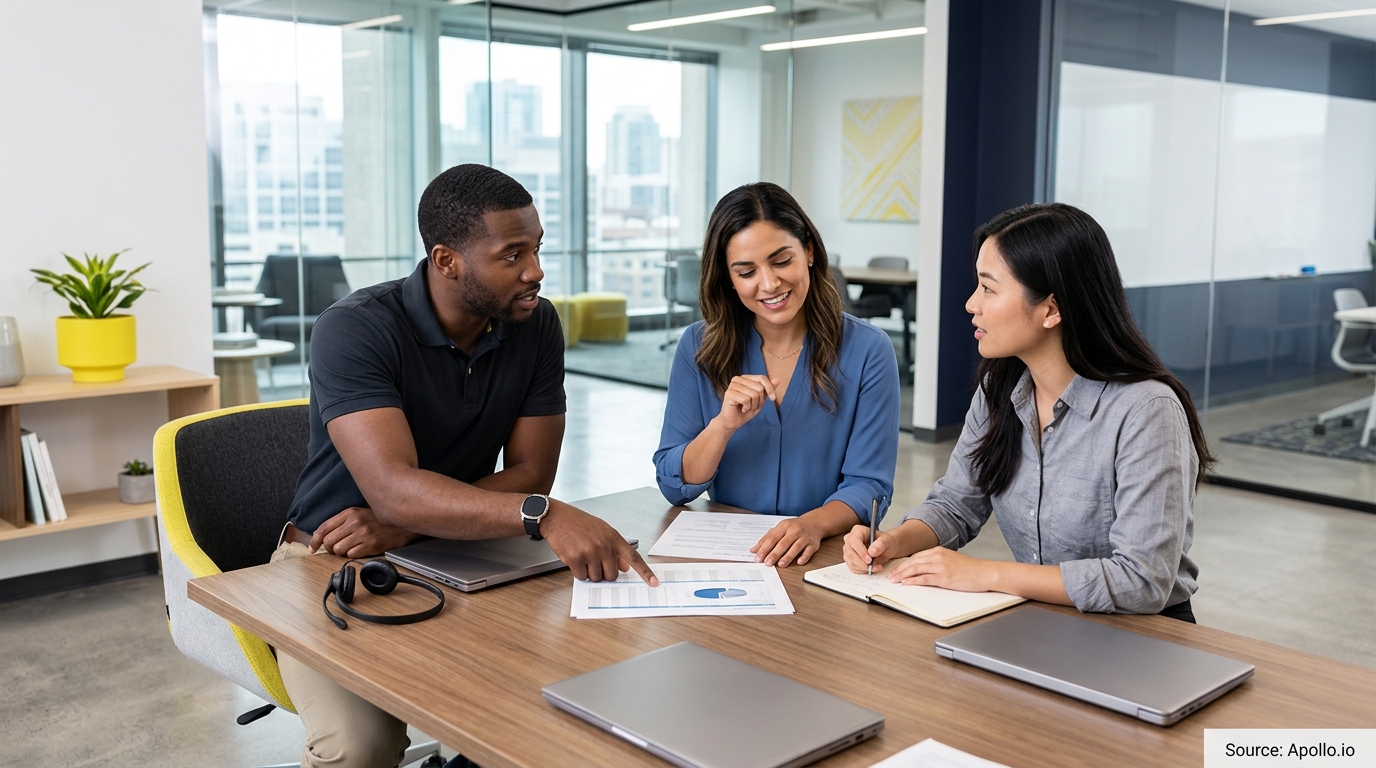 Three professionals collaborate over documents and laptops at a conference table in a bright, modern office.