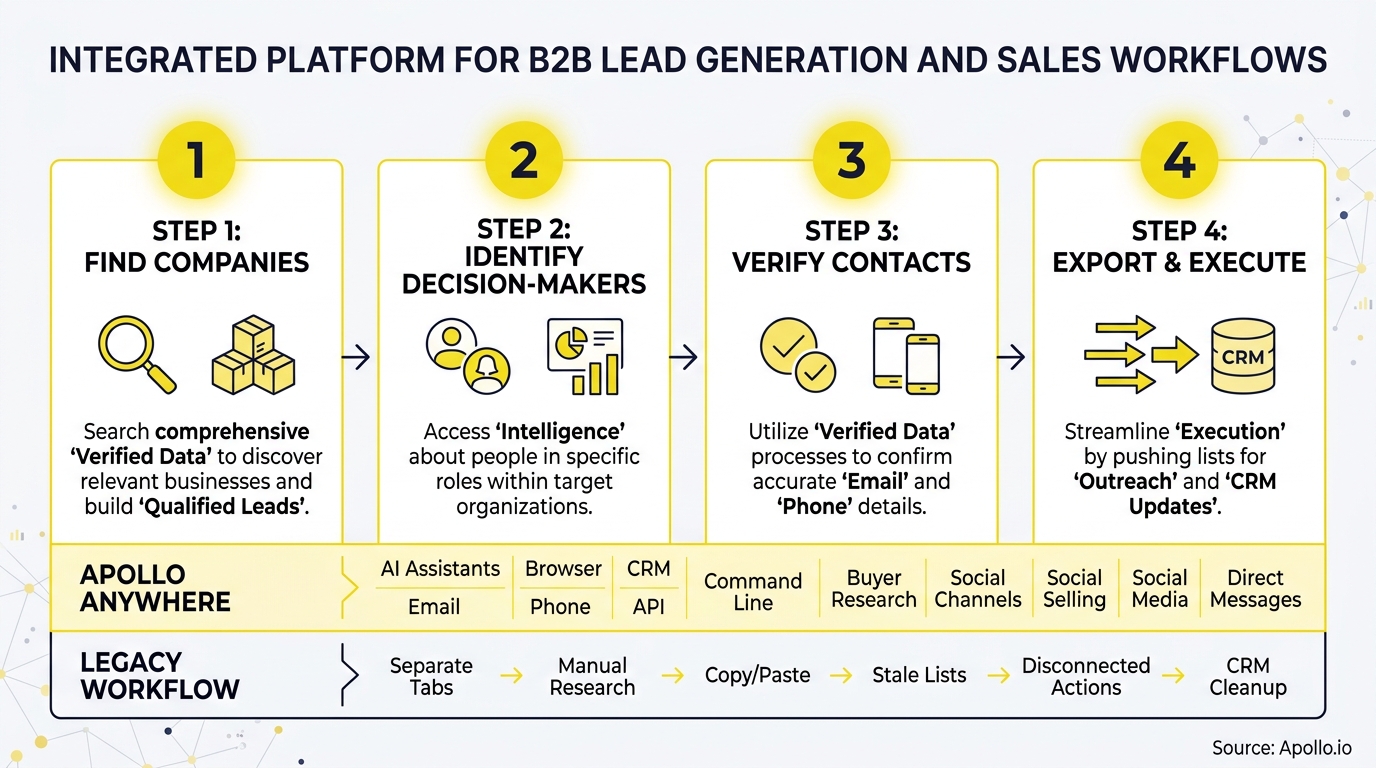 Four yellow panels illustrate a digital workflow for finding companies, identifying decision-makers, verifying contacts, and exporting lead lists.