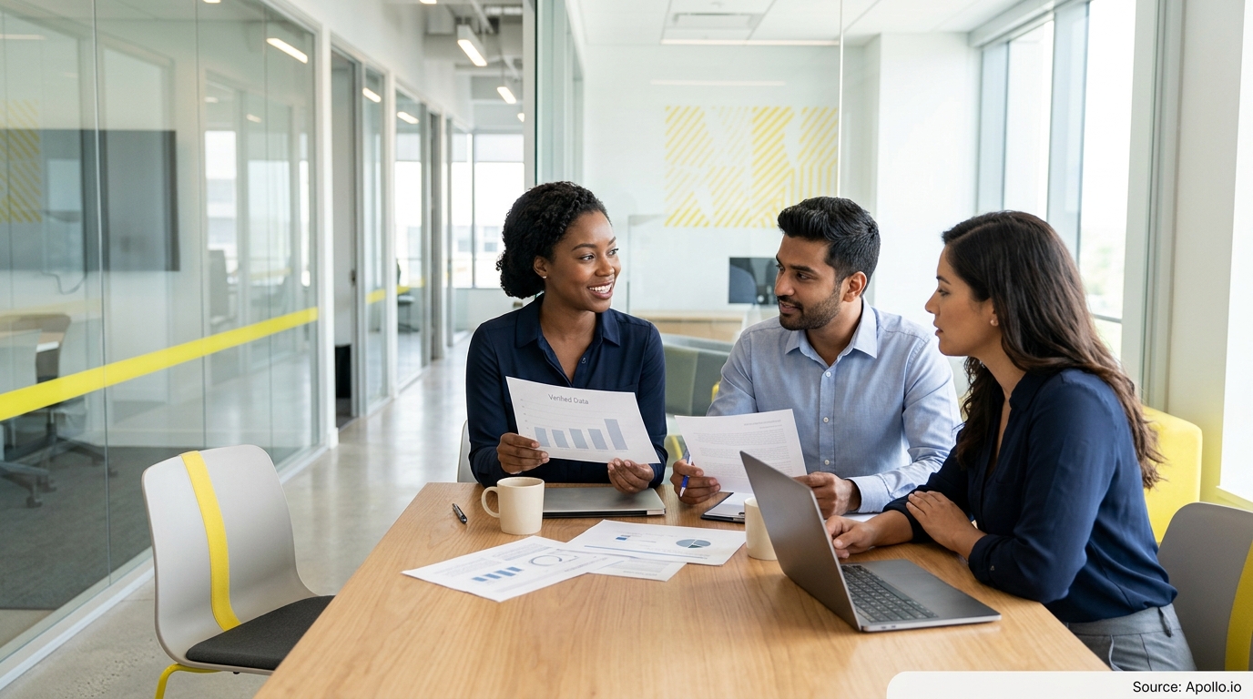Three colleagues collaborate around a wooden table with documents and a laptop in a modern office.