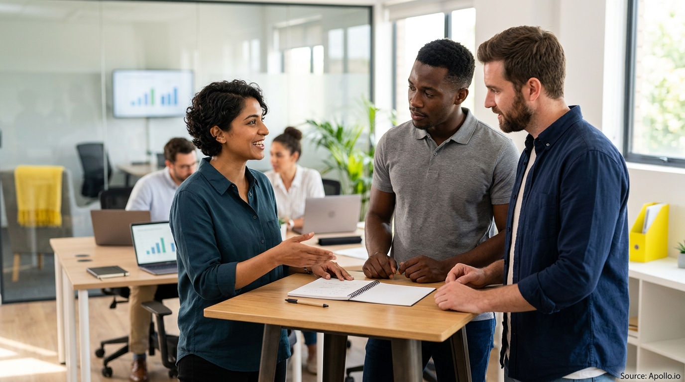 Three professionals stand around a high table discussing notes in a bright, modern office setting.