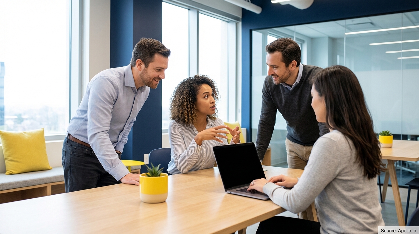 Four professionals discuss work at a modern office table, one person typing on a laptop.