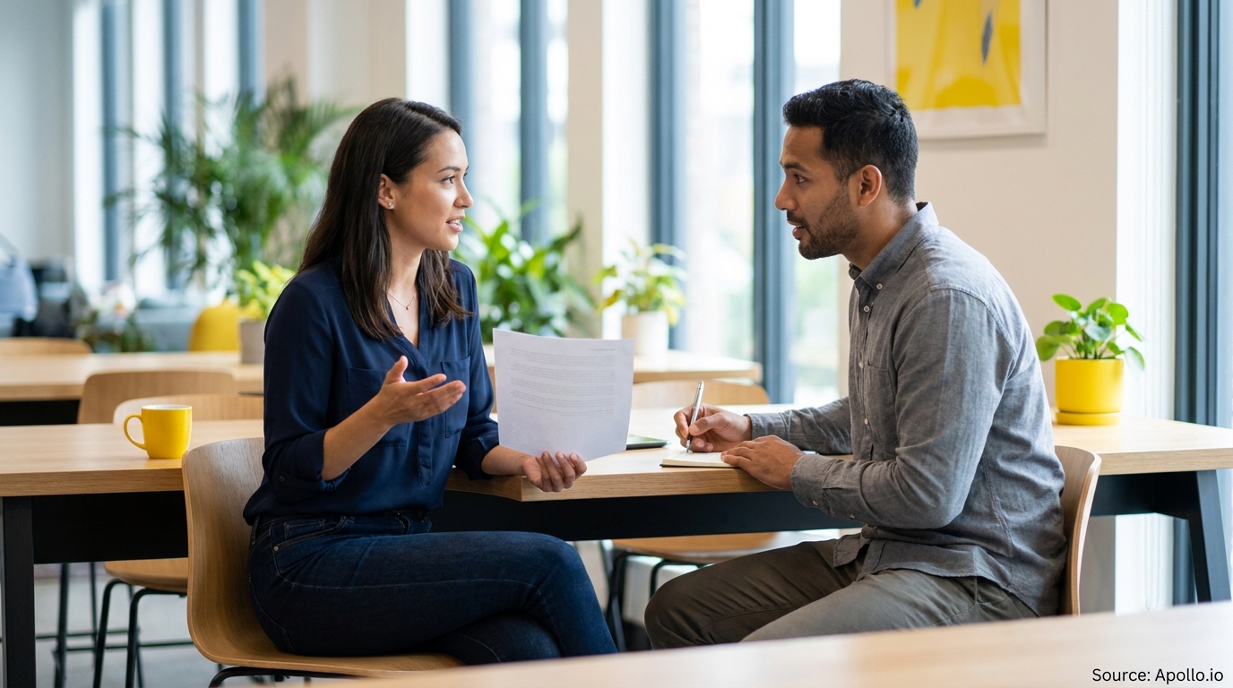 Two professionals discuss and take notes at a bright modern office table.
