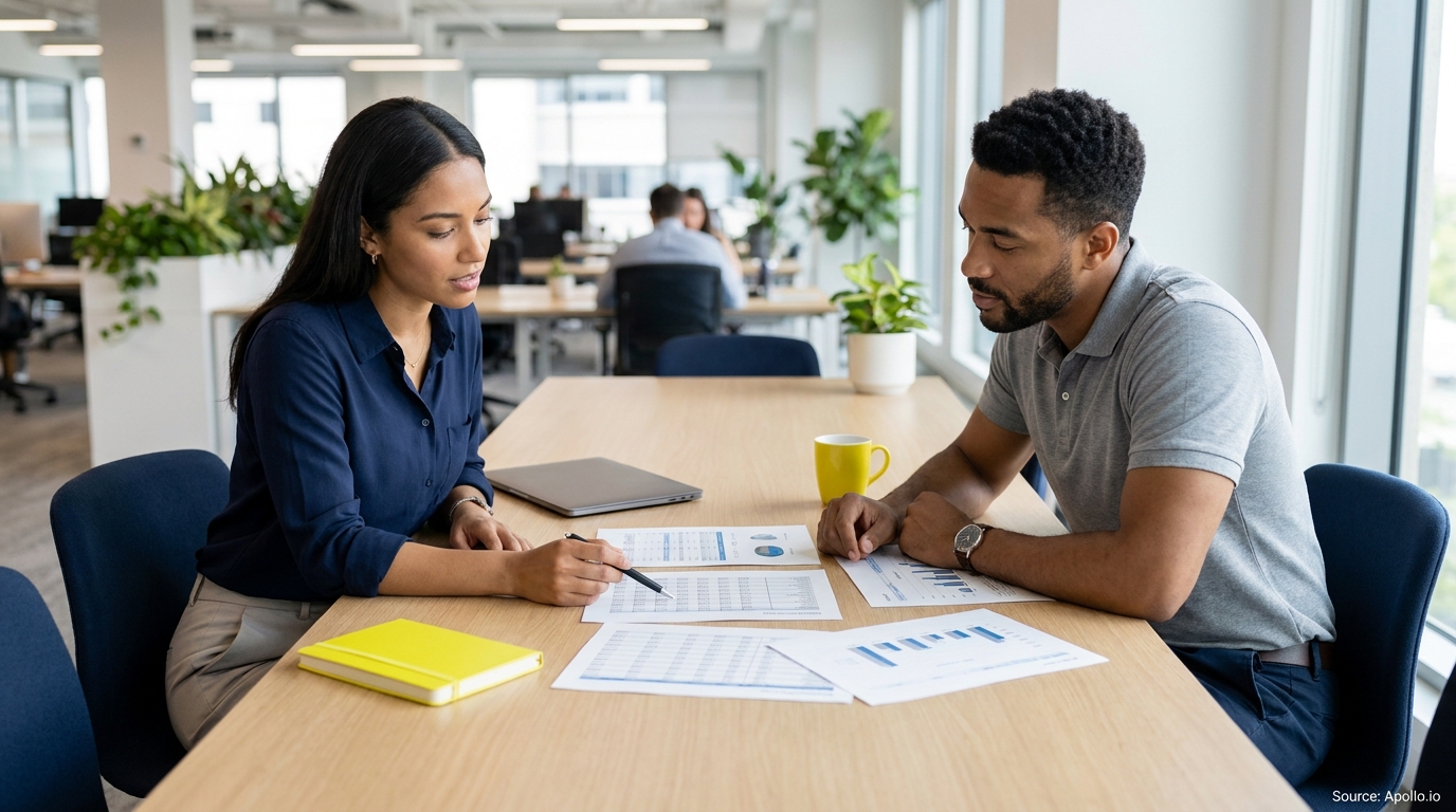 Two professionals discuss data reports at a table in a bright, modern office.