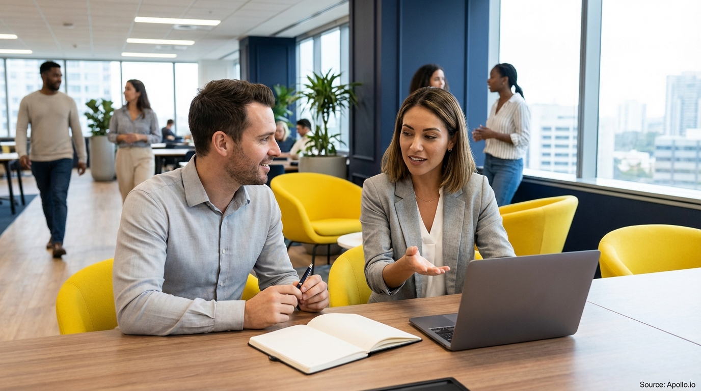 Two professionals discussing at a modern office table with a laptop and notebook, others present.