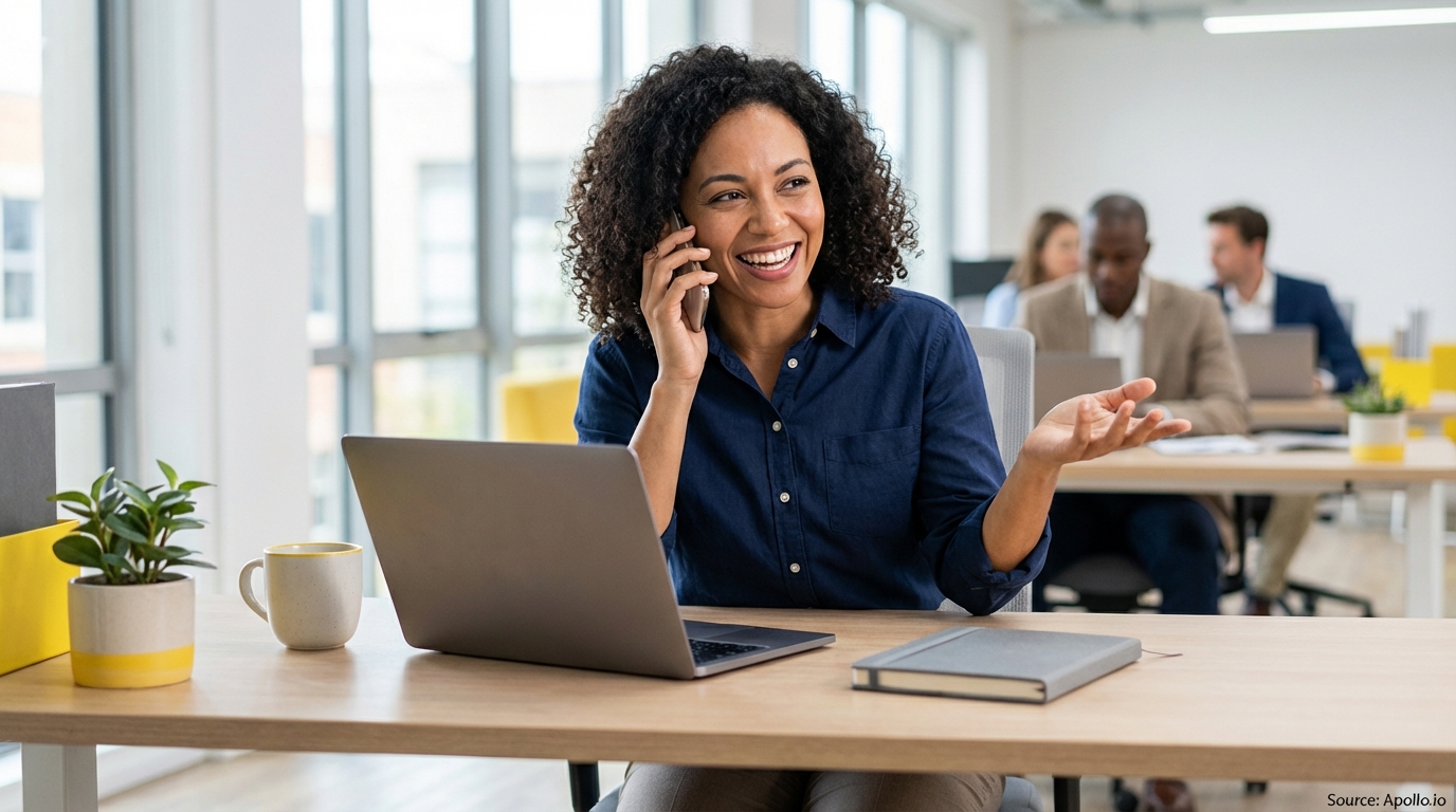 Smiling woman talking on phone at laptop in a modern office with other workers.