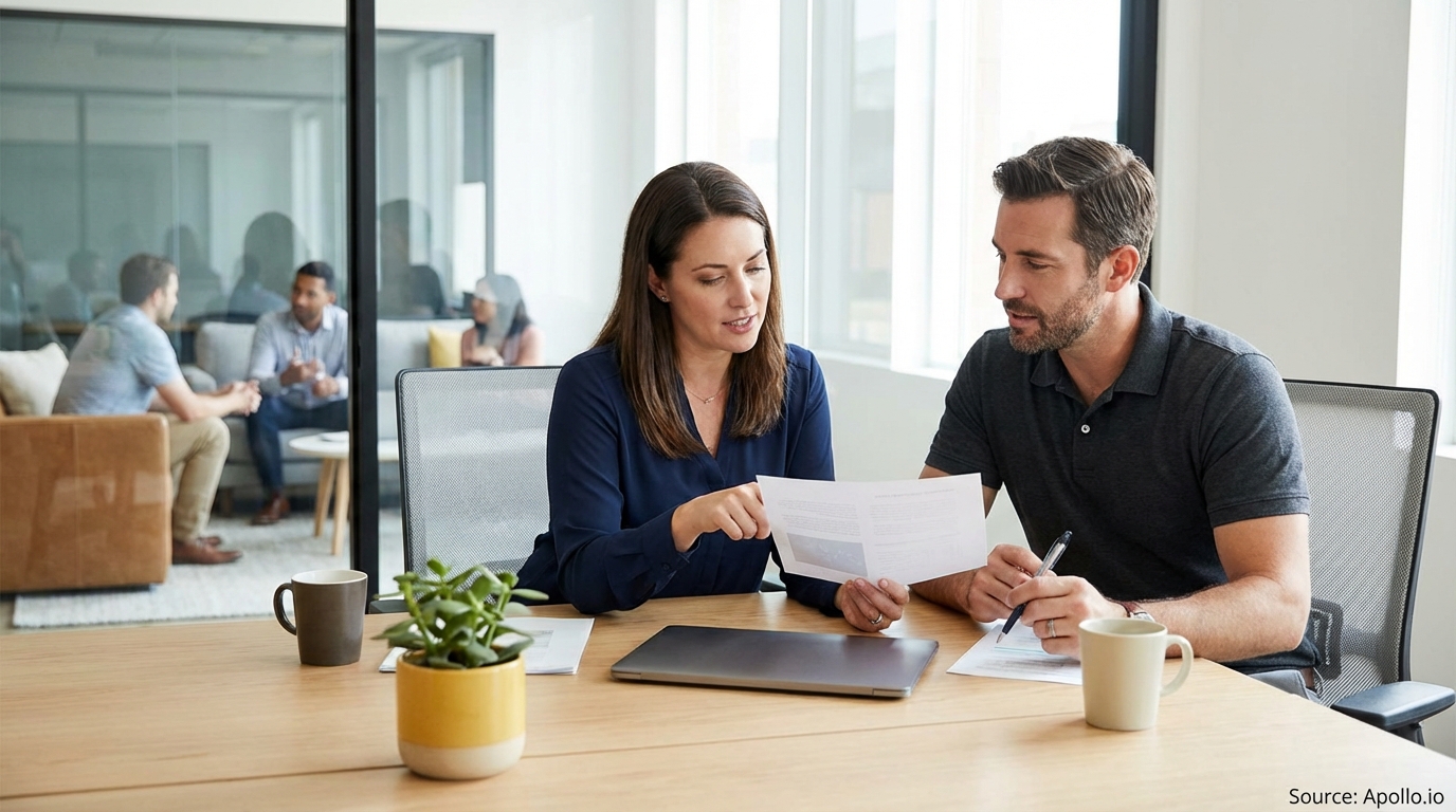 Two professionals discuss documents at a modern office desk, with colleagues talking in the background.