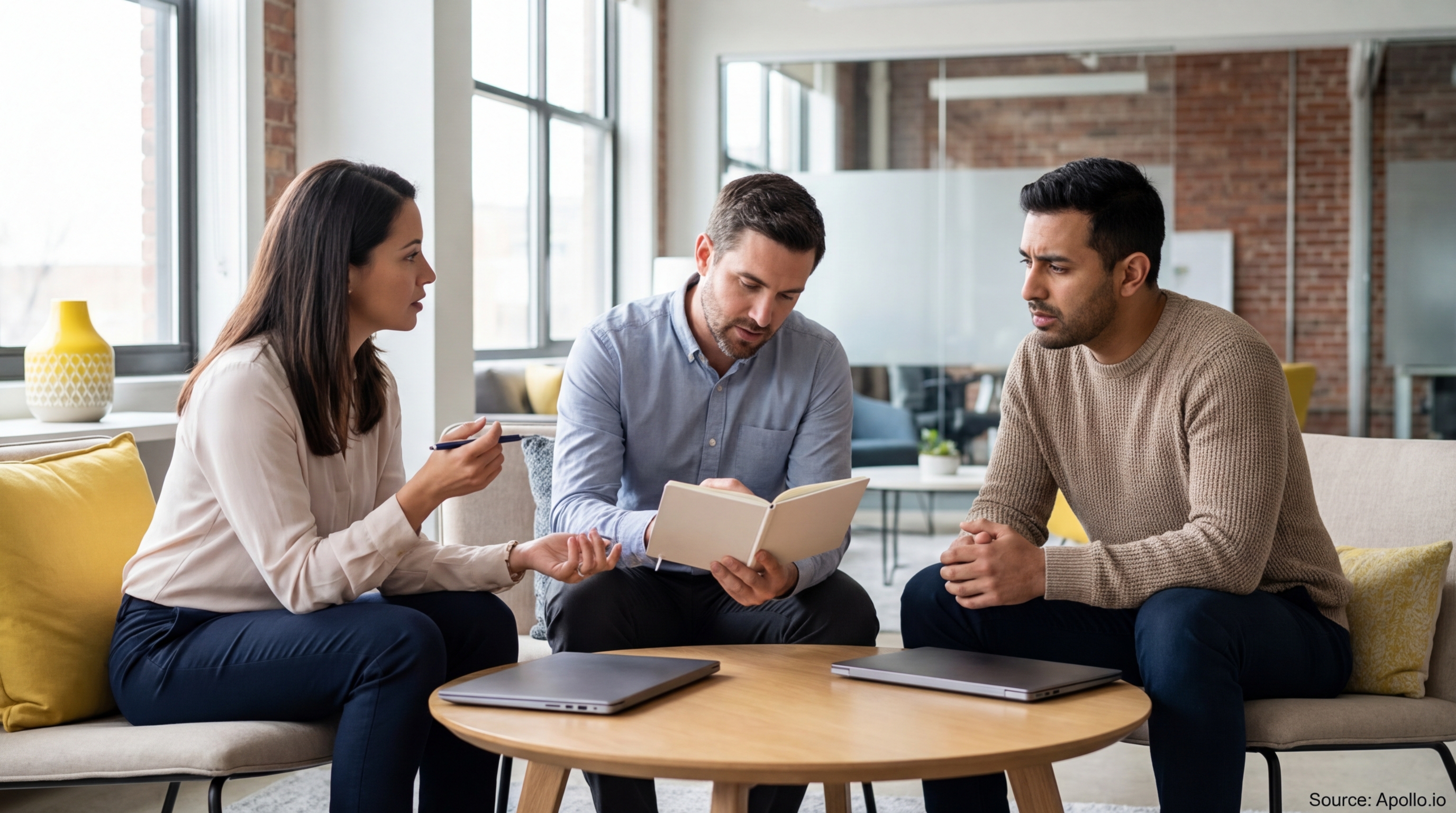 Three people engaged in a discussion around a wooden table in a contemporary office.