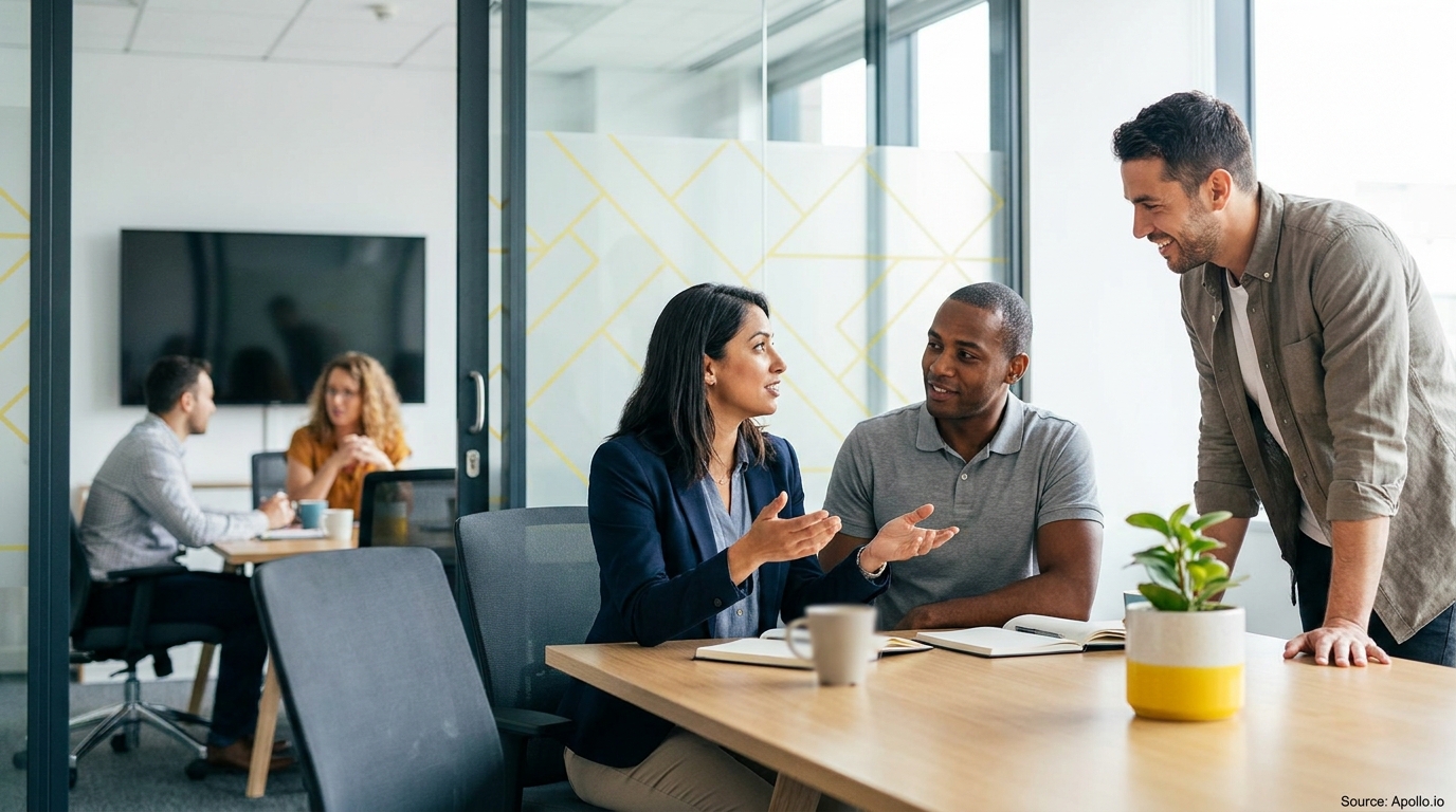 Three diverse professionals discuss at a modern office table, two colleagues blurred behind.