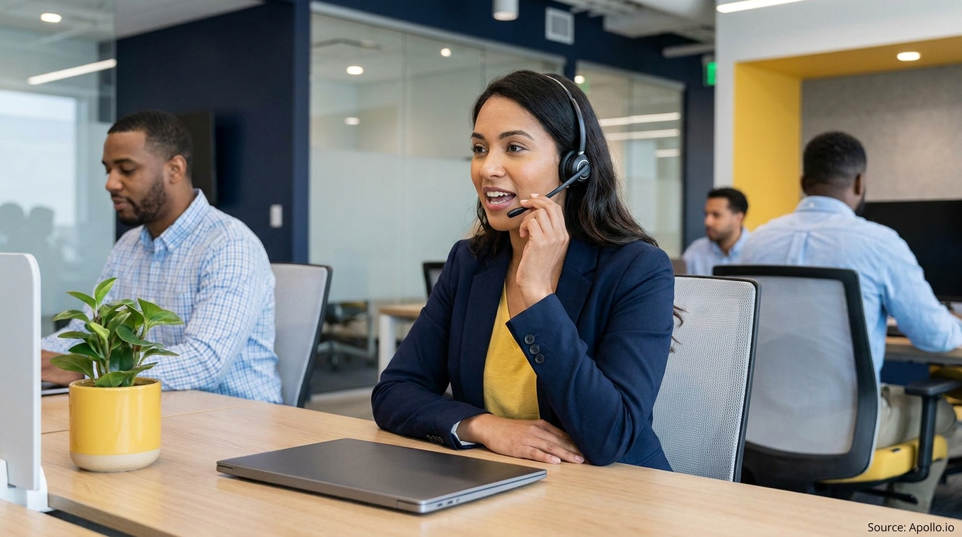 Four professionals work at desks in a modern office, one woman speaks into a headset.