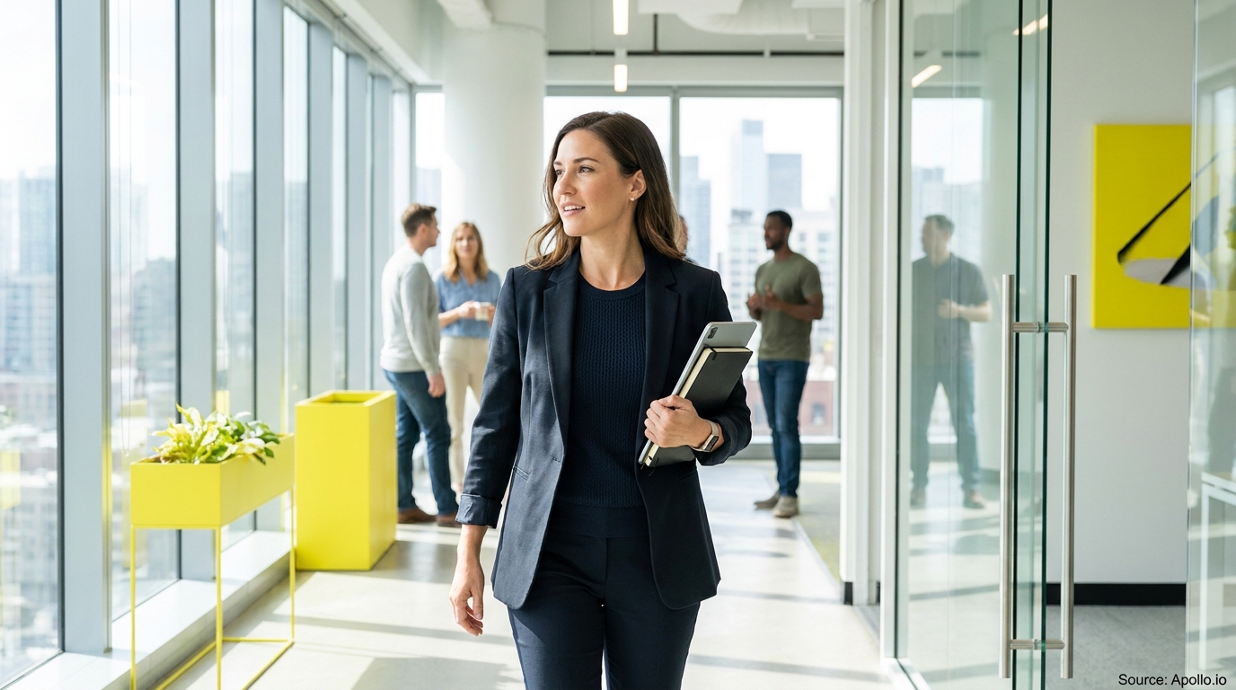 Four professionals in a bright modern office, one woman walks holding a tablet, others converse.