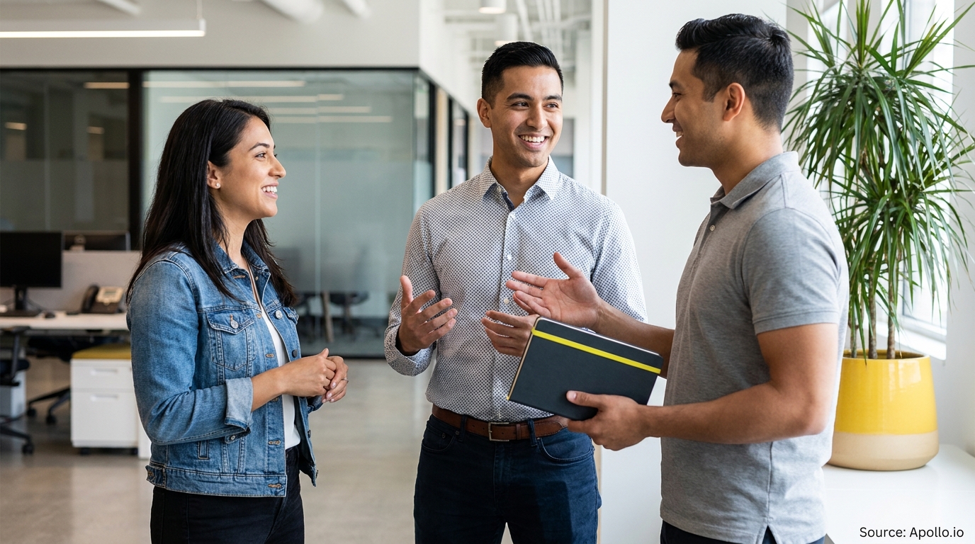 Three smiling professionals actively converse in a modern office.