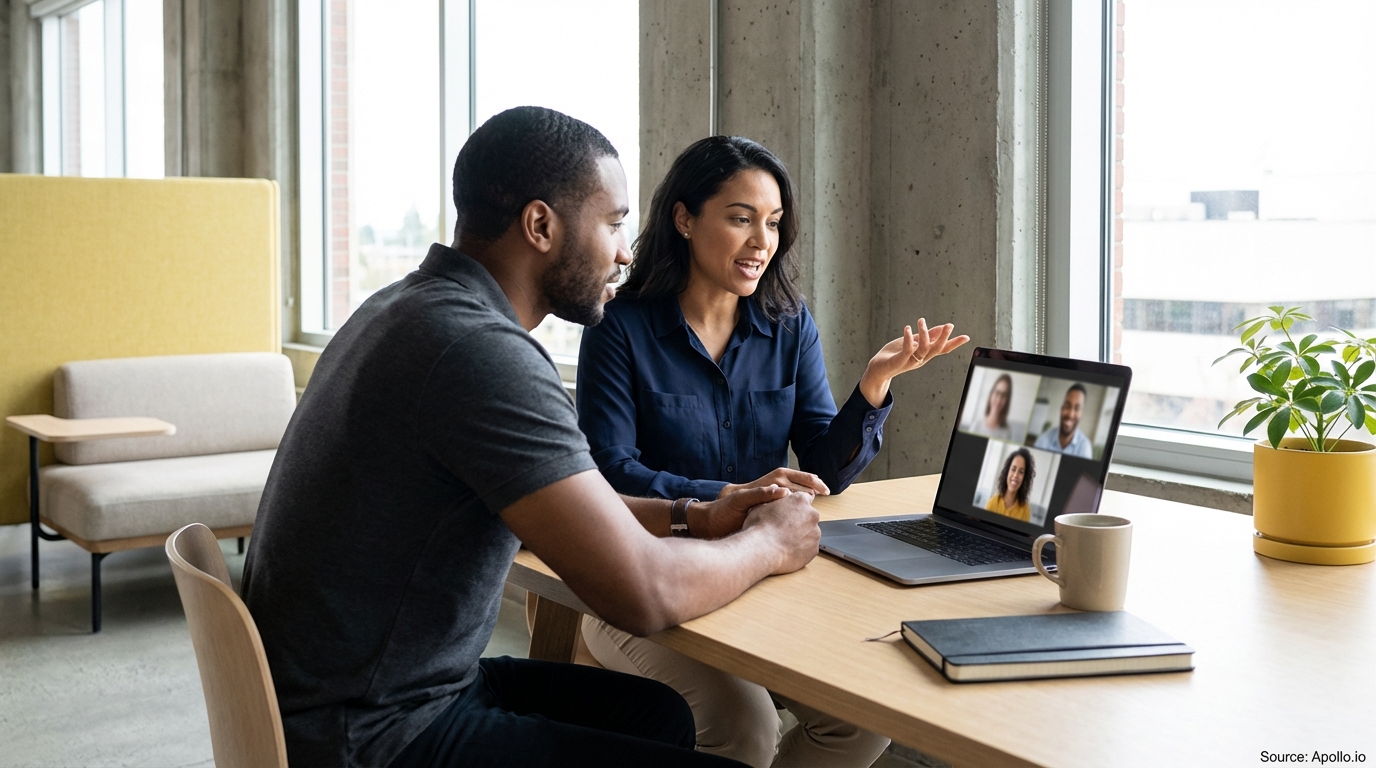 Two colleagues in a bright office on a laptop video call with four team members.