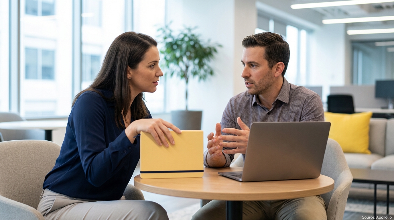 Two professionals in a bright office discuss work at a table with a laptop and notebook.