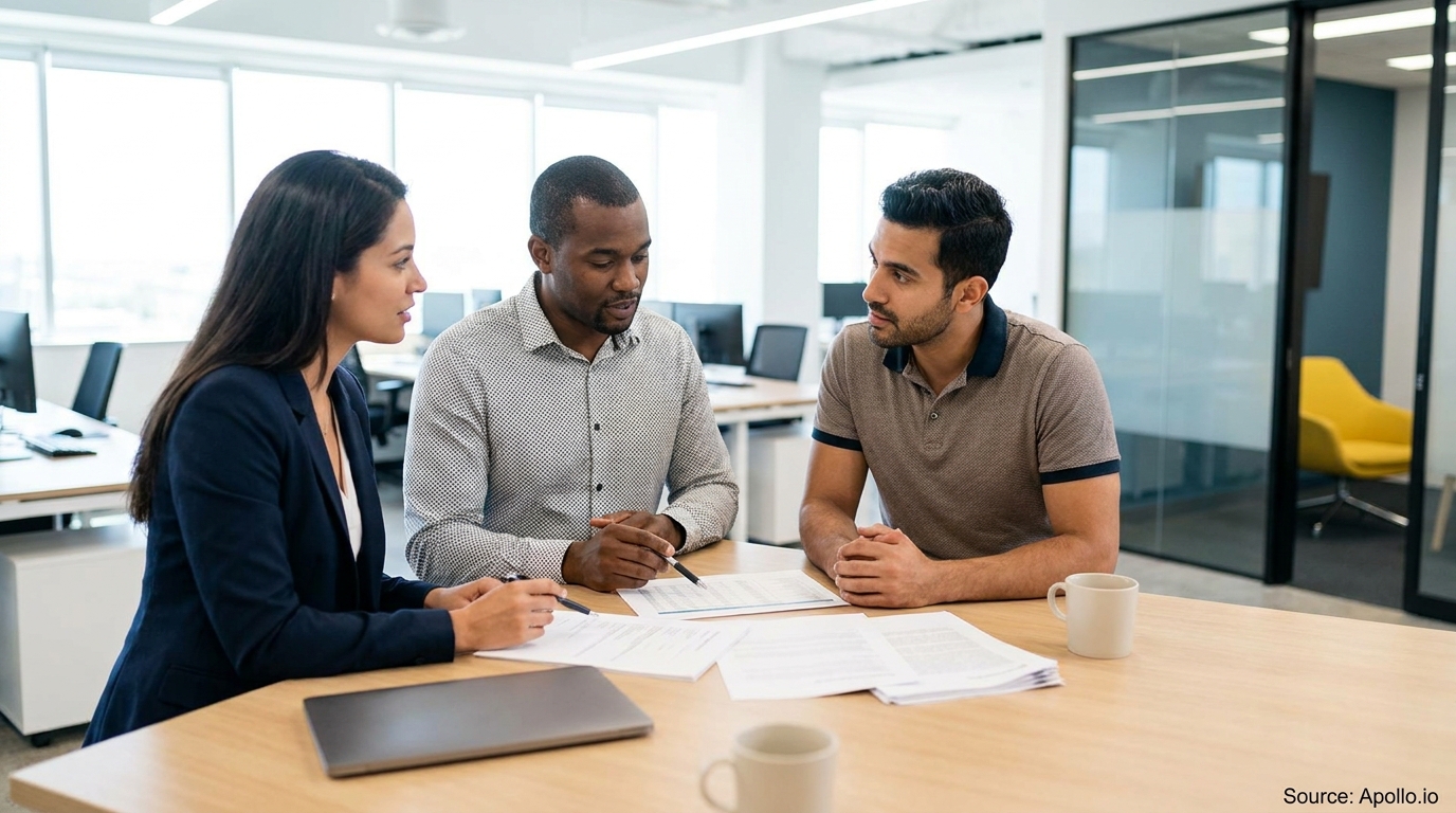 Three professionals discuss documents at a light wood table in a modern office.