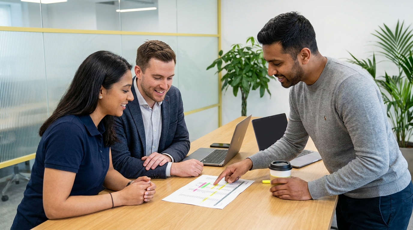 Three smiling professionals reviewing a document at a modern office table.