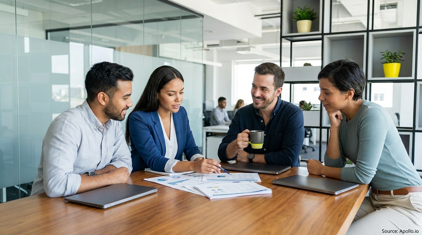 Four diverse professionals discuss reports and collaborate at a modern office table.
