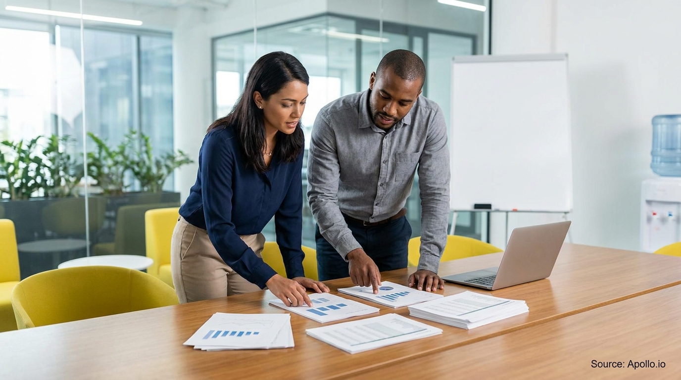 Two professionals analyze data charts on a table in a bright modern office.