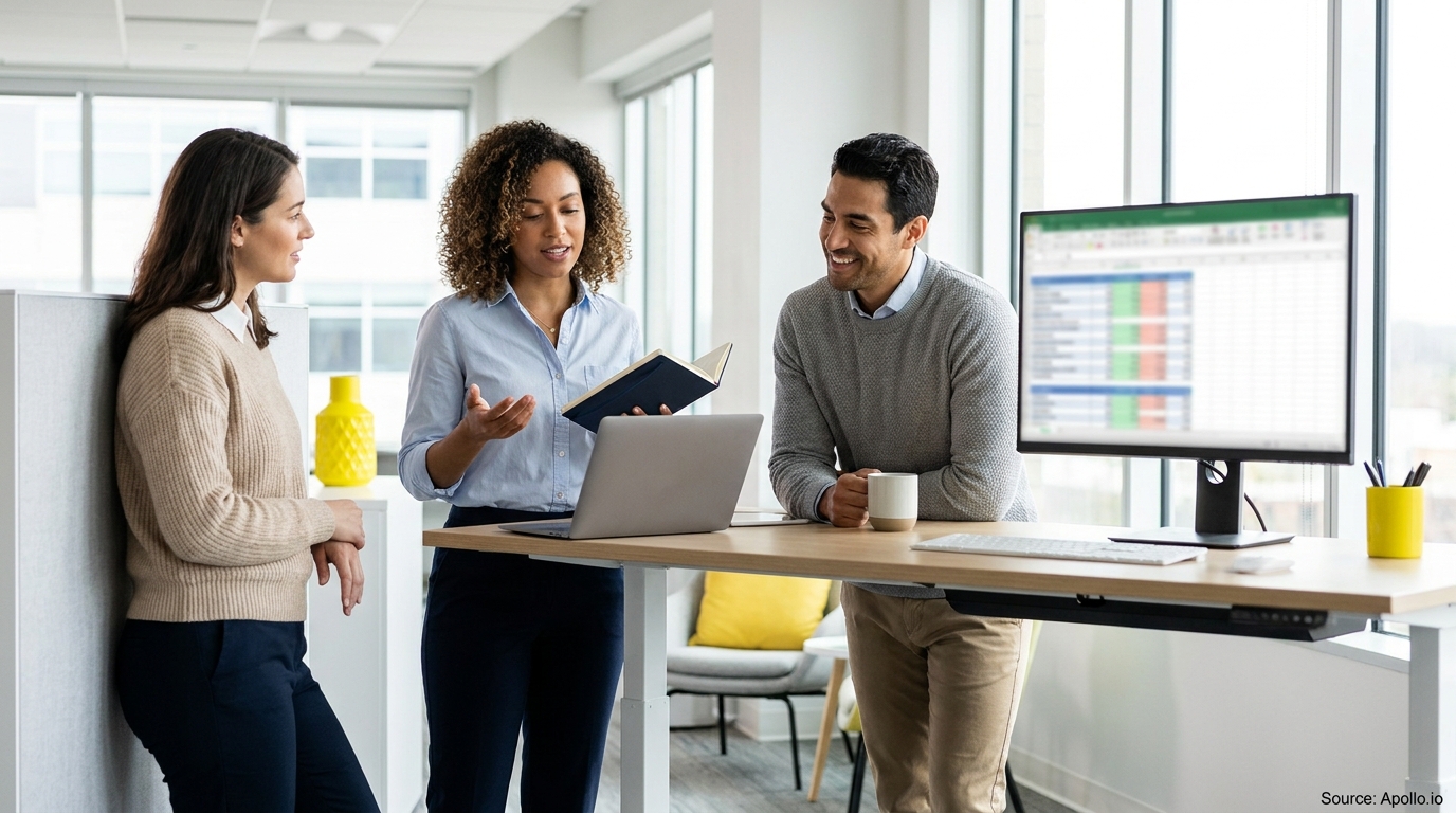 Three colleagues discuss work at a modern office, with a laptop and standing desk.