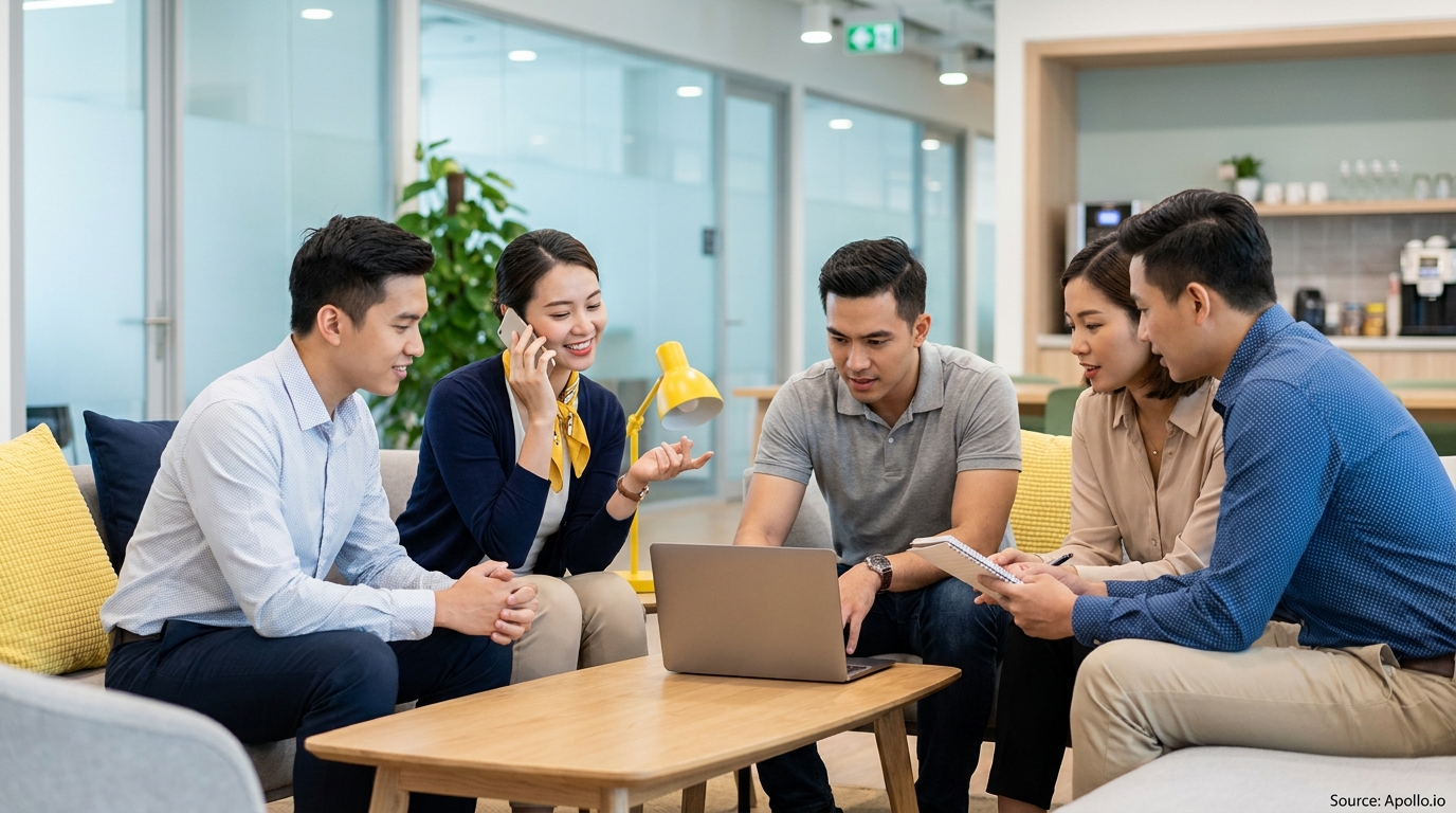 Five professionals discuss using a laptop and notes, one on a phone, in a modern office.