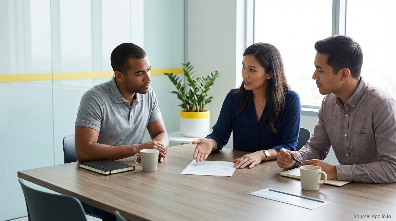 Three colleagues discuss a document at a modern office table.