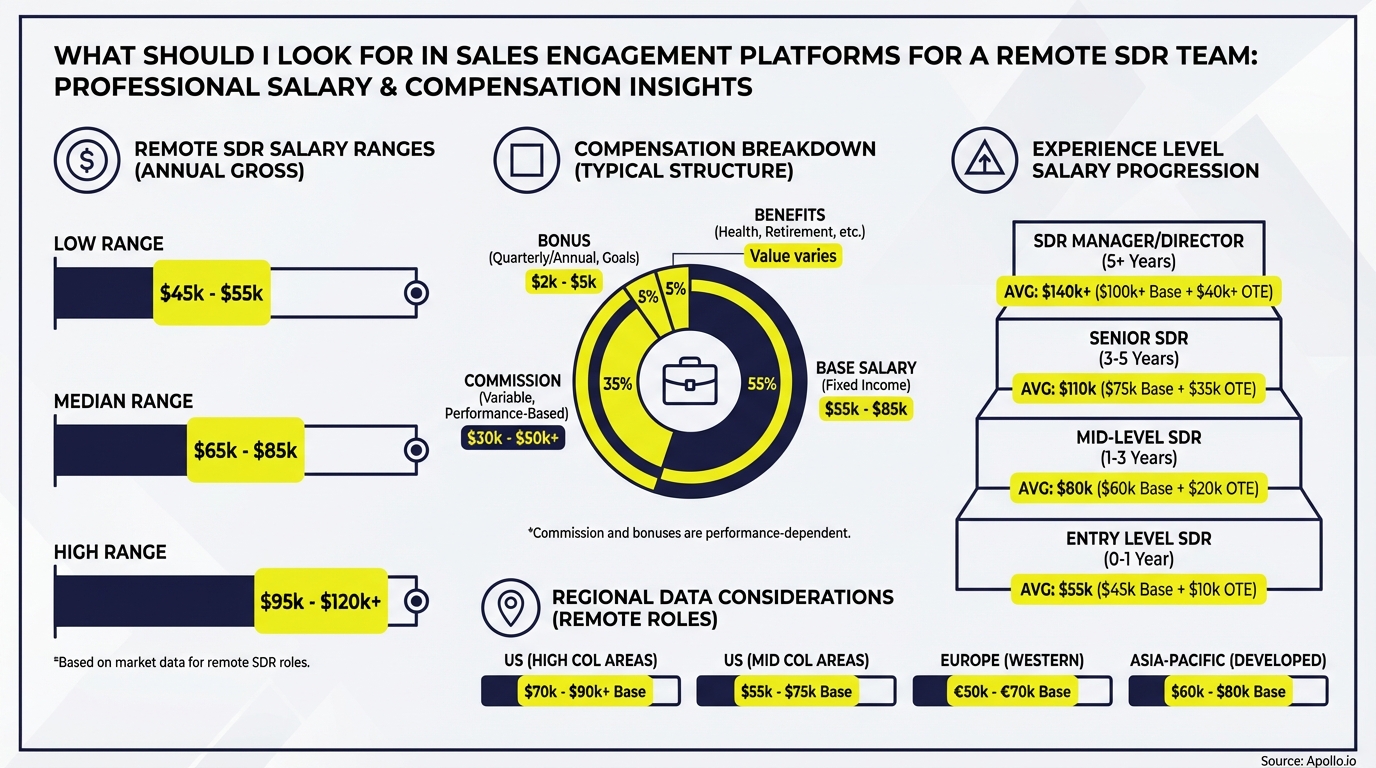 Infographic presenting remote SDR salary ranges, compensation structure, experience progression, and regional data.