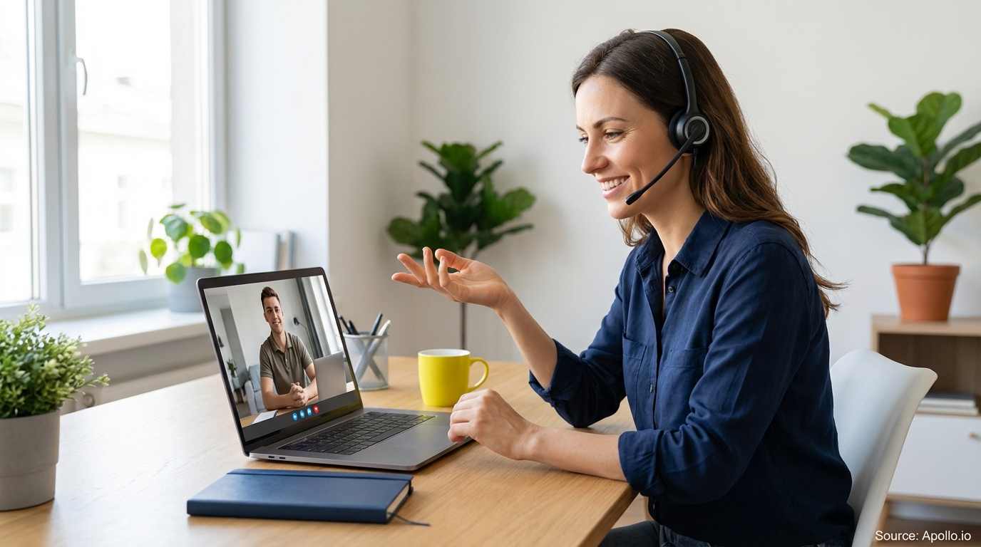 Woman wearing headset video calls a man on a laptop from a bright home office.