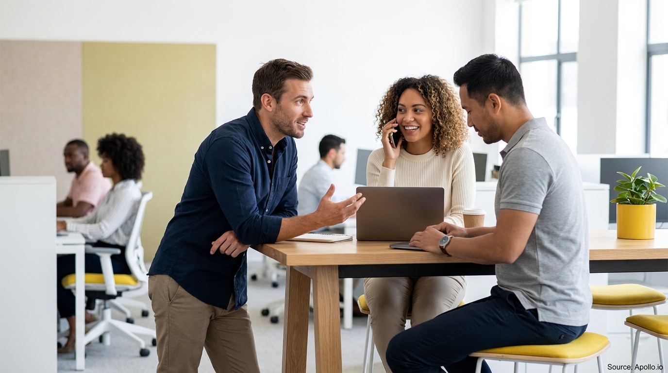 Three colleagues collaborate at a modern office table; one is on a call, another conversing.