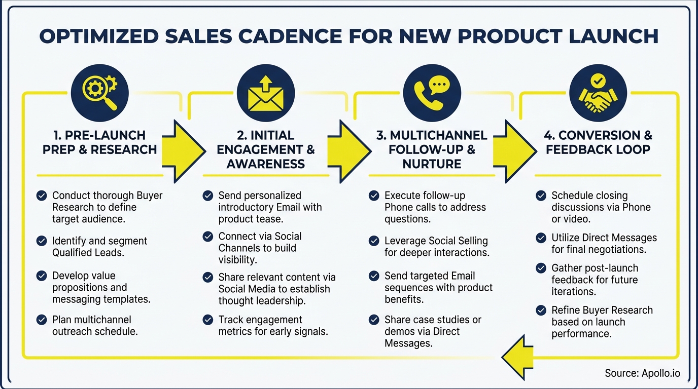 A flowchart illustrates a four-step optimized sales cadence for new product launches.