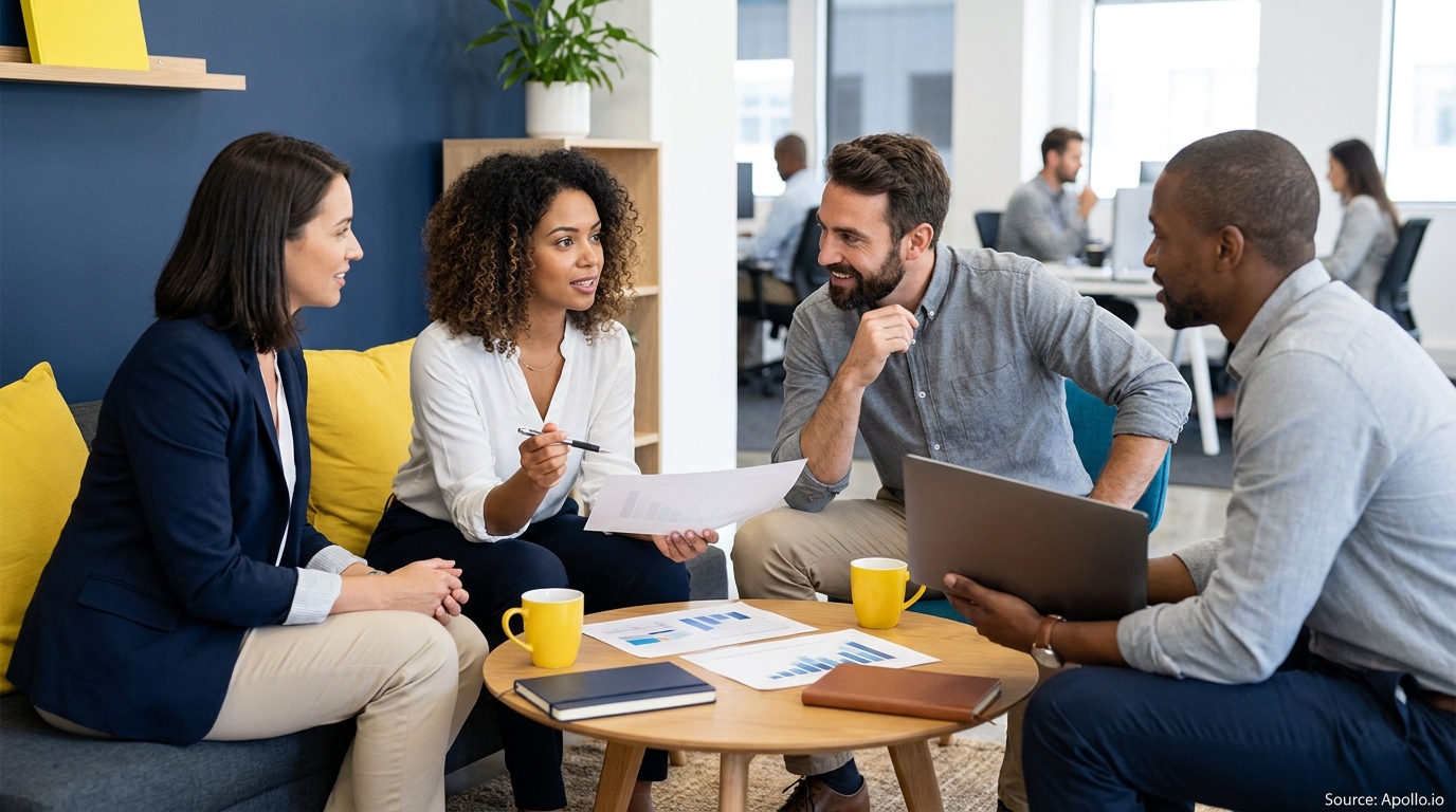 Four diverse professionals discuss documents and a laptop in a modern office lounge.