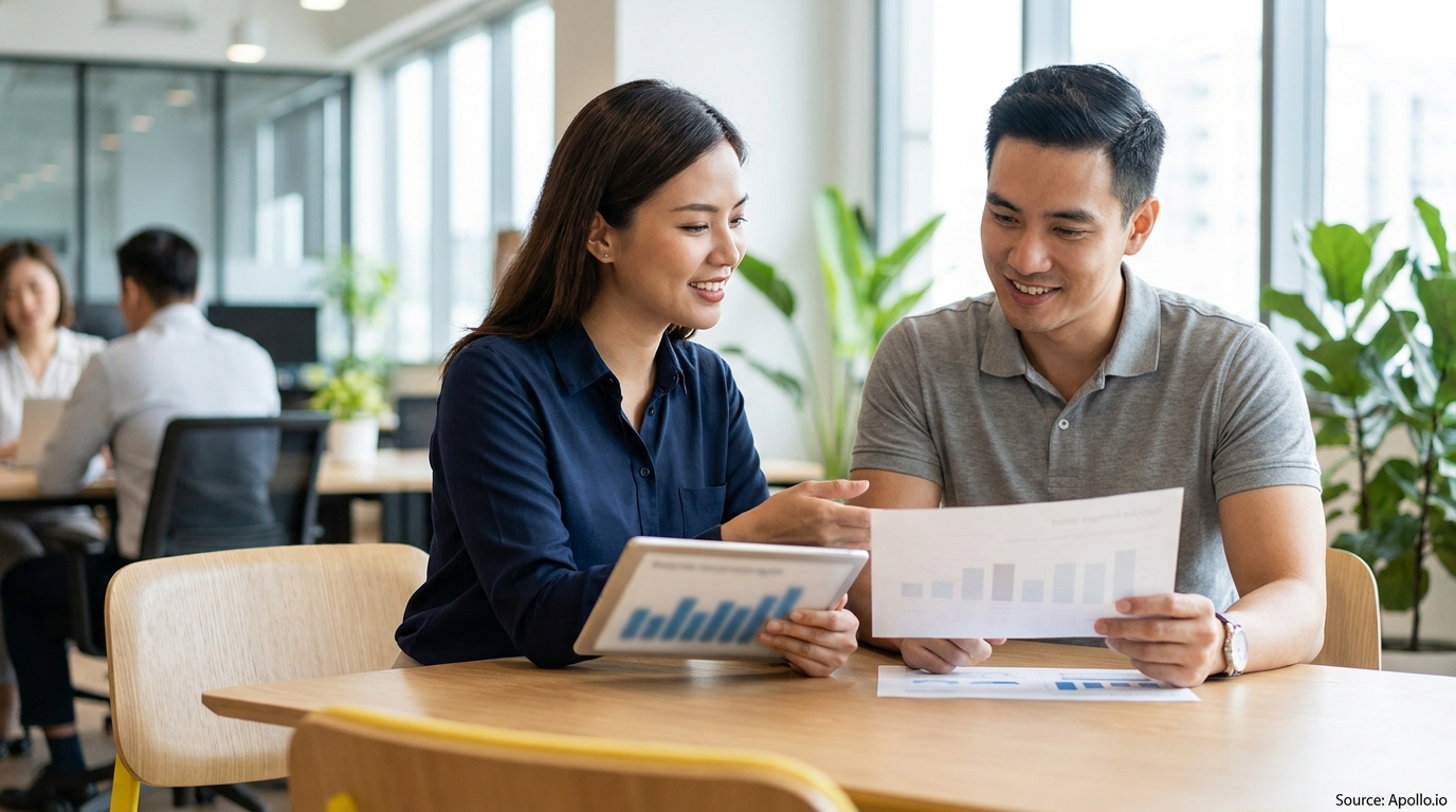 Two smiling professionals review charts on a tablet and paper in a modern office.