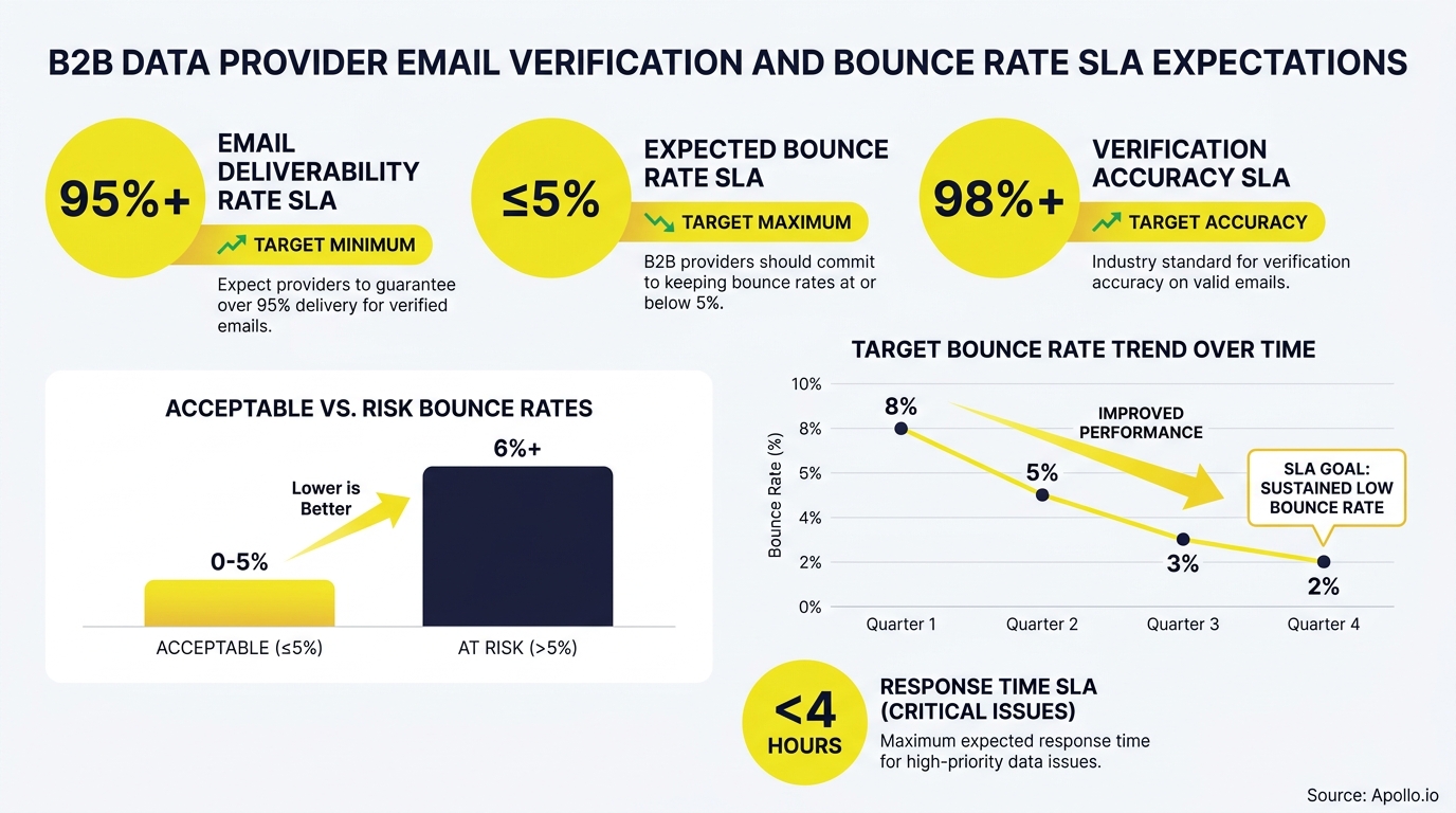 Infographic displaying email verification and bounce rate SLAs with performance charts and key metrics.