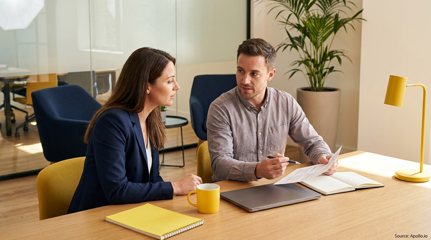 Two professionals review documents and discuss at a modern office table.
