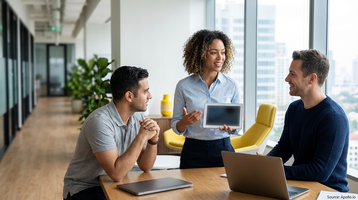 Three diverse professionals discuss a tablet presentation in a modern office.