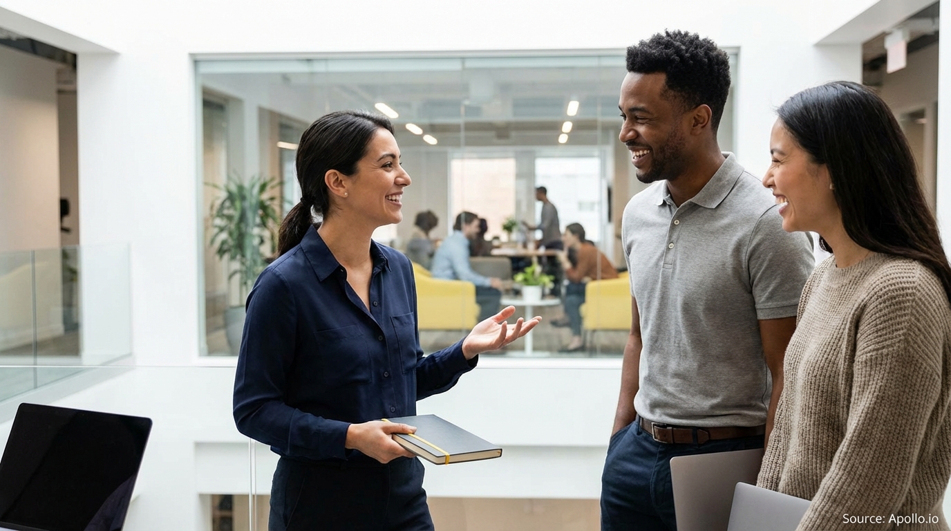 Three smiling colleagues chat in a modern, bright office with a glass-walled conference room behind them.