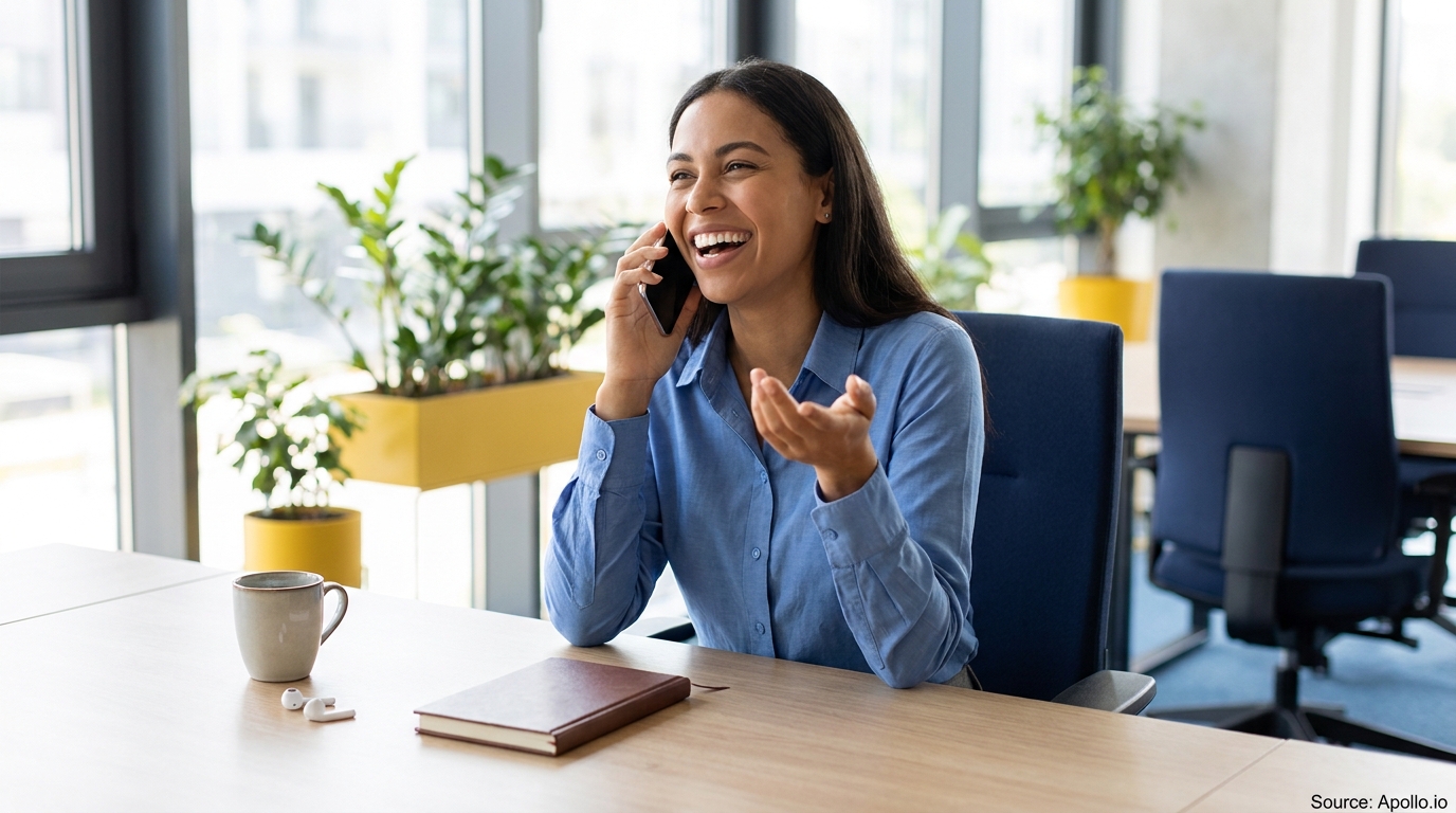 Smiling woman on a phone call at a light-filled modern office desk.