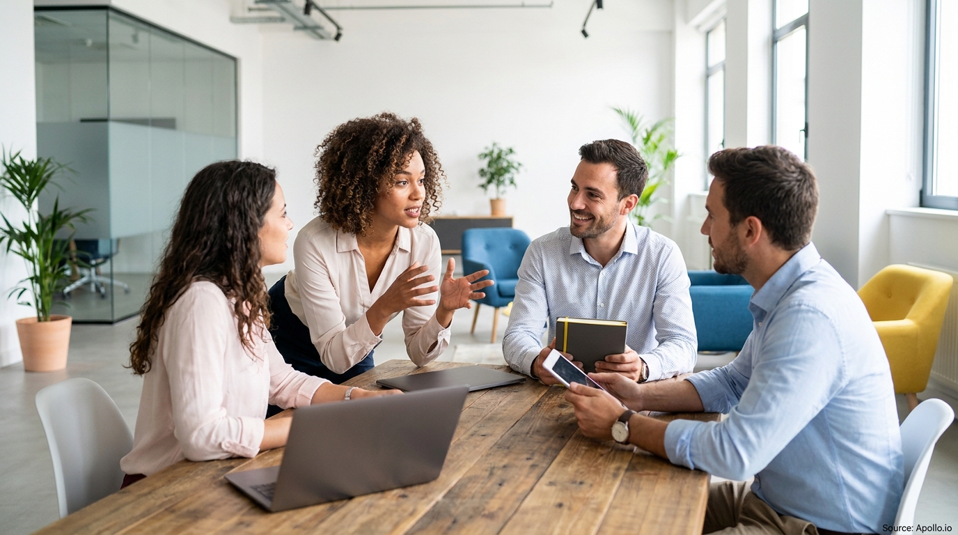 Four colleagues discuss at a modern office table, one woman gesturing while speaking.
