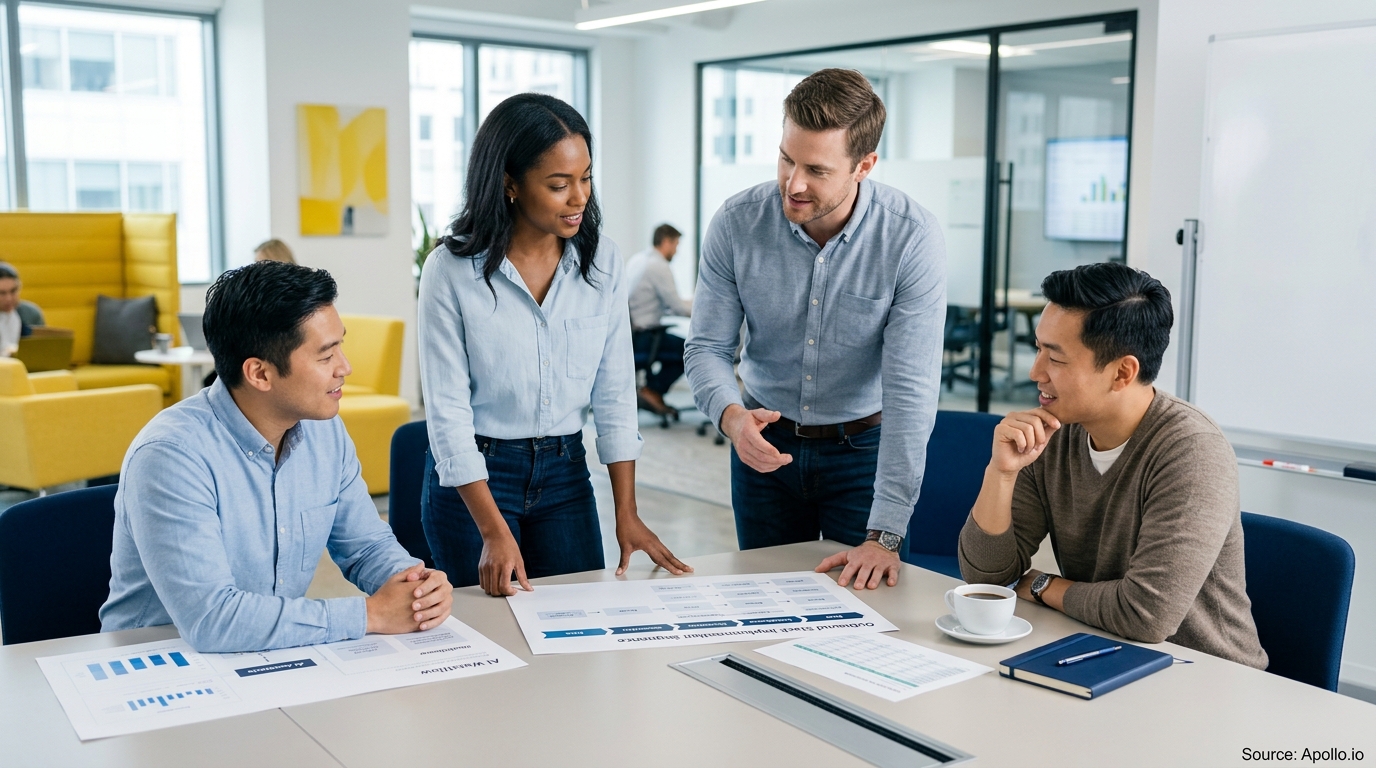 Four professionals gather around a conference table to review workflow documents in a bright, modern office.