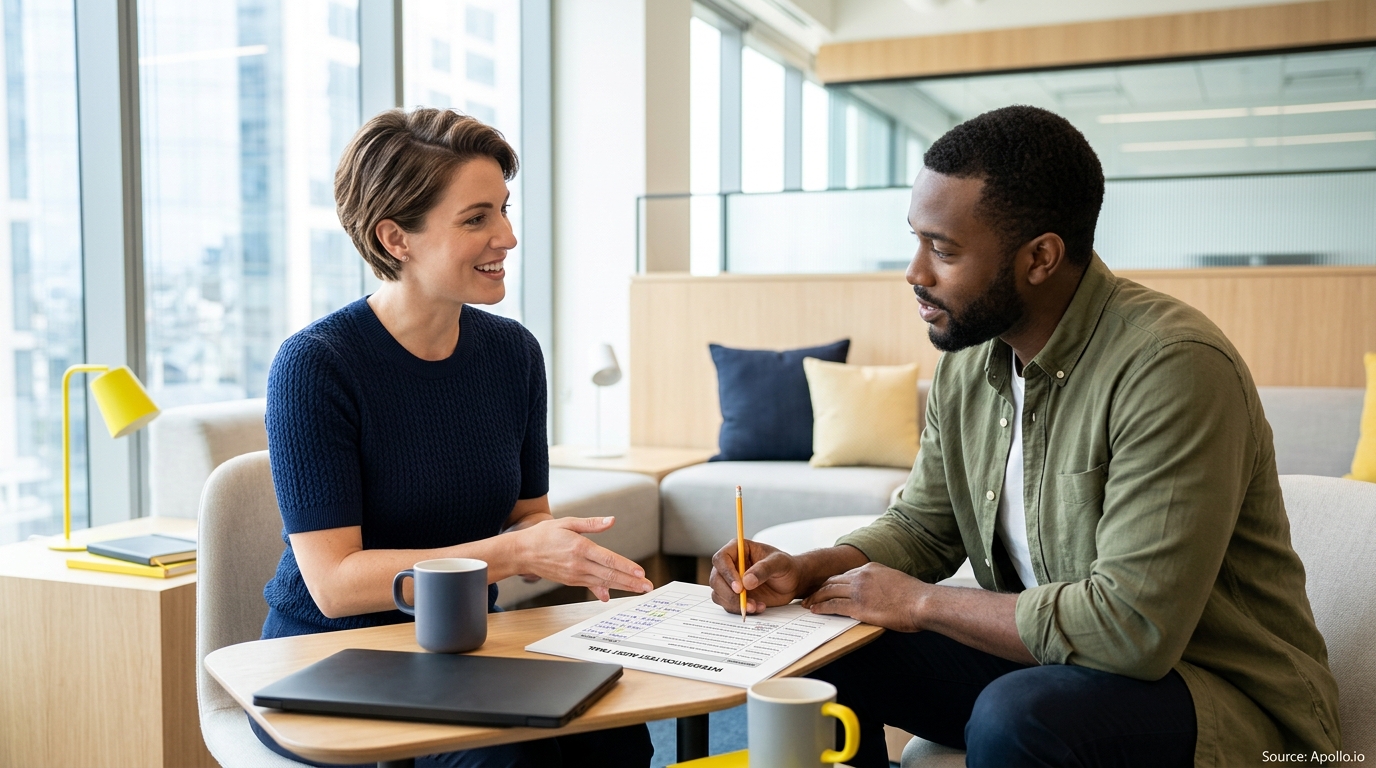 Two professionals discuss a document together at a table in a bright, modern office.