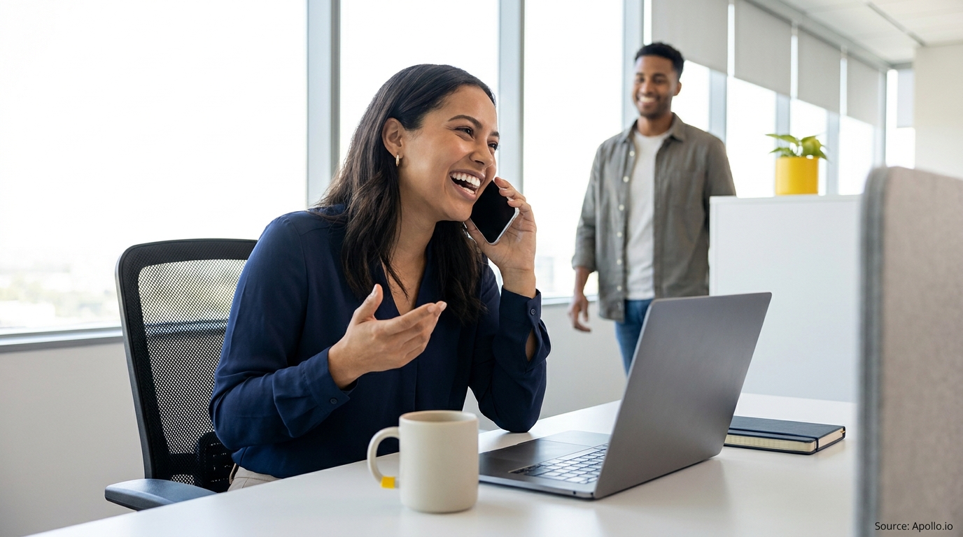 Woman on phone laughs at office desk, man smiles walking by.