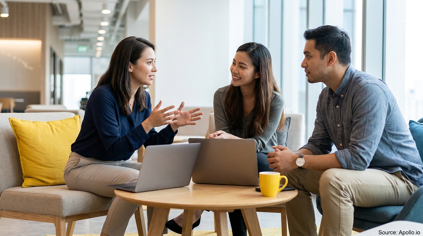 Three colleagues converse in a bright, modern office space with laptops on a table.