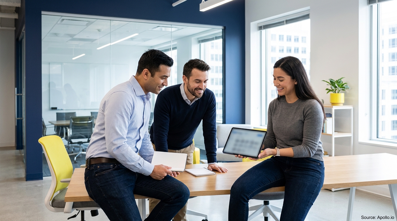 Three colleagues review information on a digital tablet in a bright office.