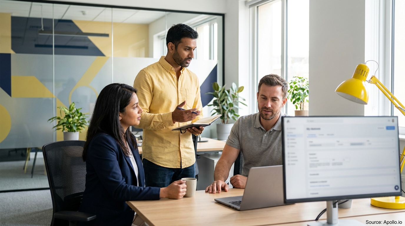 Three professionals discuss information on a laptop and monitor at a modern office desk.