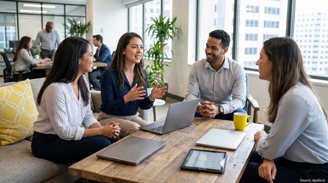 Four diverse professionals discuss ideas around a table with laptops in a modern office lounge.