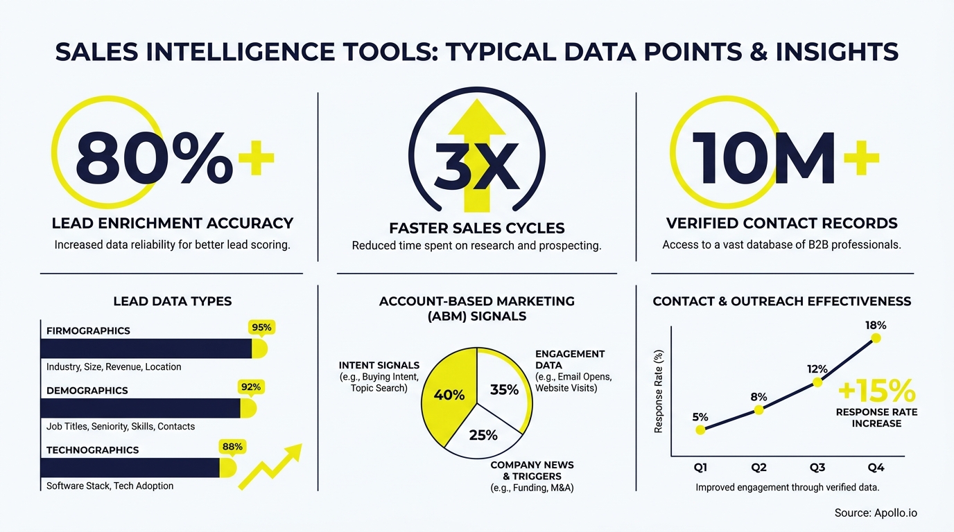 Infographic details sales intelligence data types, ABM signals, and outreach effectiveness insights.