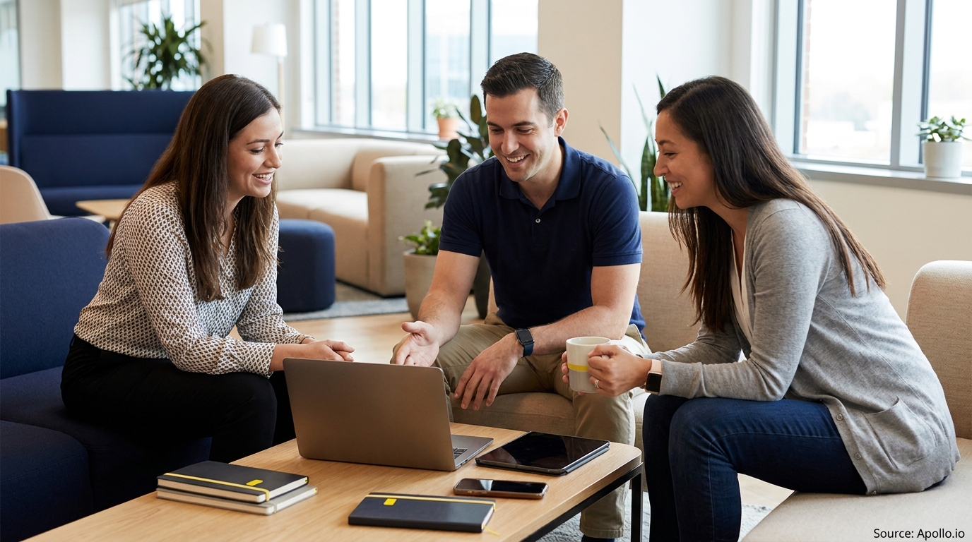 Three smiling colleagues discuss content on a laptop in a bright, modern office lounge.
