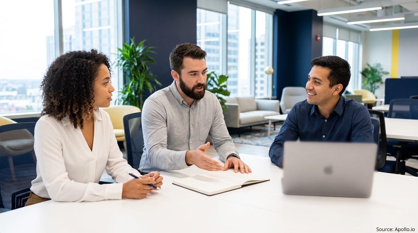 Three professionals discuss at a modern office table with a laptop and open notebook.